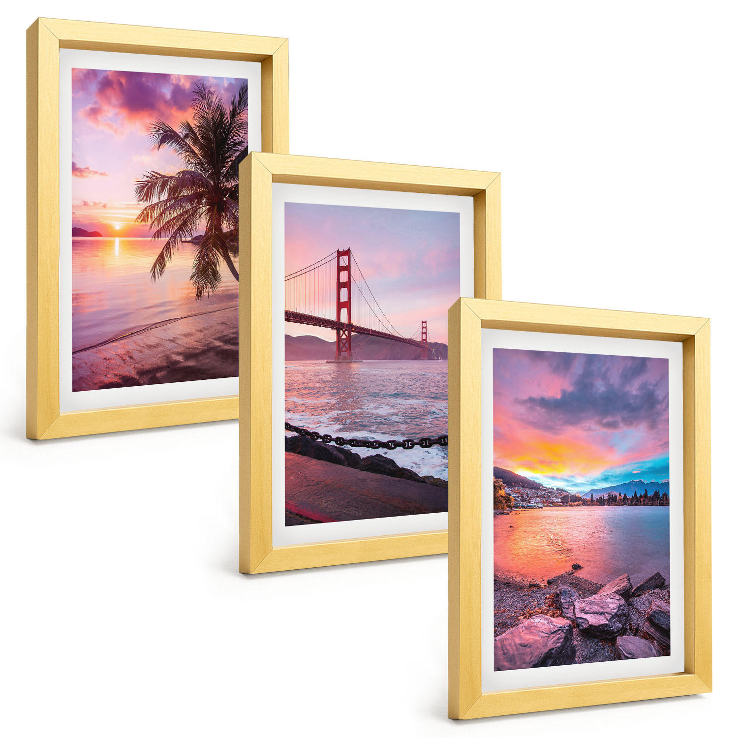 BILDER SET 3er Set - 20x30 cm Goldrahmen - Sonnenuntergangsbrücke Landschaft - Goldfarben, Kunststoff (20/30cm) - TULUP