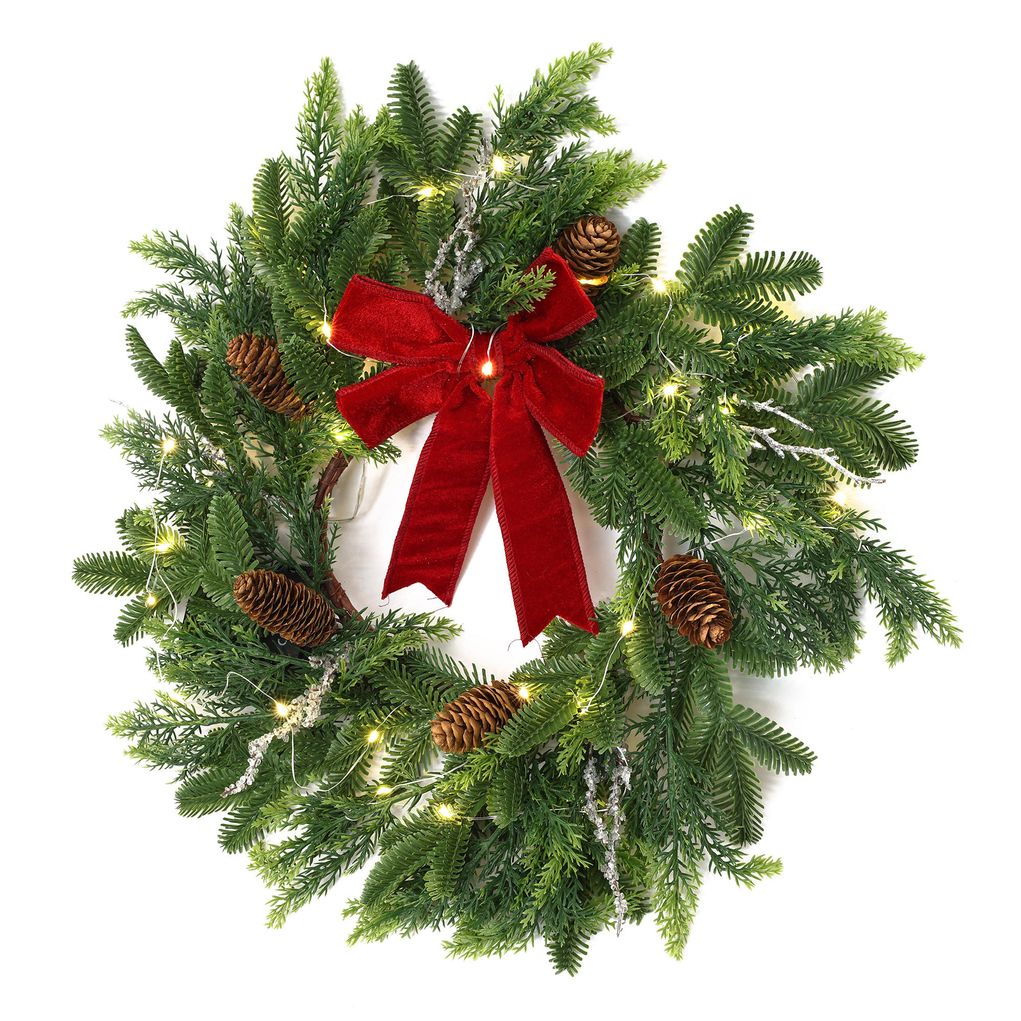 RUNDER Weihnachtskranz Ø45cm mit roter Schleife, 25 LEDs,Timer - Dunkelgrün, Naturmaterialien (45cm) - Hometopia