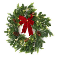 RUNDER Weihnachtskranz Ø45cm mit roter Schleife, 25 LEDs,Timer - Dunkelgrün, Naturmaterialien (45cm) - Hometopia