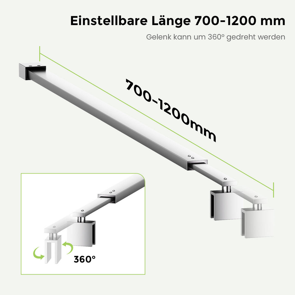 STABILISIERUNGSSTANGE 70–120 cm Edelstahl verchromt für Duschwand 8–10 mm mit 360°-Gelenk - Chromfarben, Metall (4/120cm) - S'AFIELINA