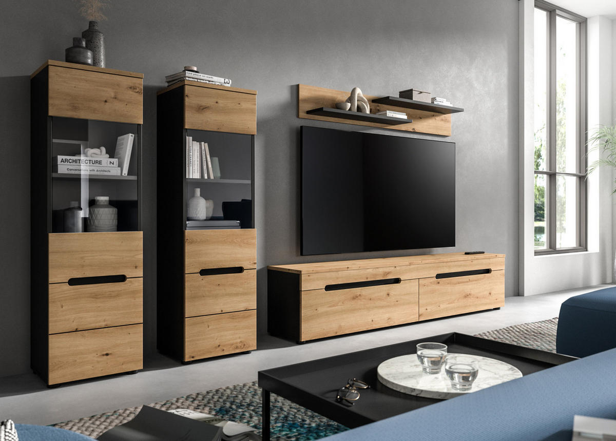 WOHNWAND Artisan Eiche, grau, Set 4-teilig 270 cm hängend oder stehend, Soft-Close, Cooper - Schwarz/Eiche Artisan, Glas/Holzwerkstoff (272/141/33cm)