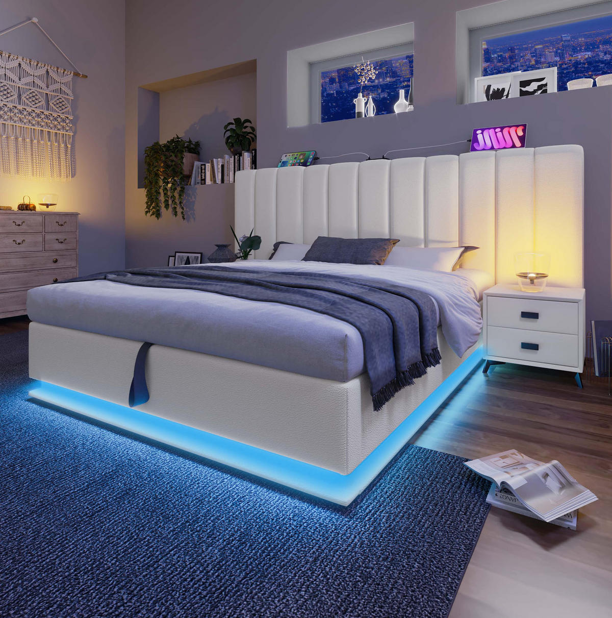 POLSTERBETT aus PU 160x200 cm Weiß mit Bettkasten, LED-Beleuchtung, USB-C und Matratze - Weiß, Leder (160/200cm) - IVMEU