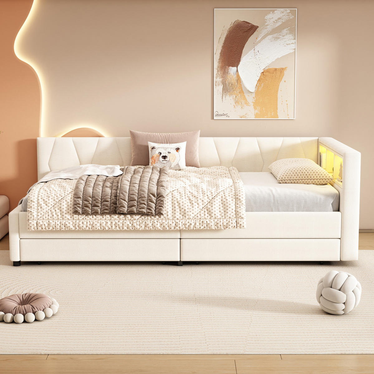 POLSTERBETT 90/200 cm in Beige mit LED-Beleuchtung, 2 Schubladen und USB- und Type-C-Anschlüssen - Beige, Textil (90/200cm) - Flora Grace
