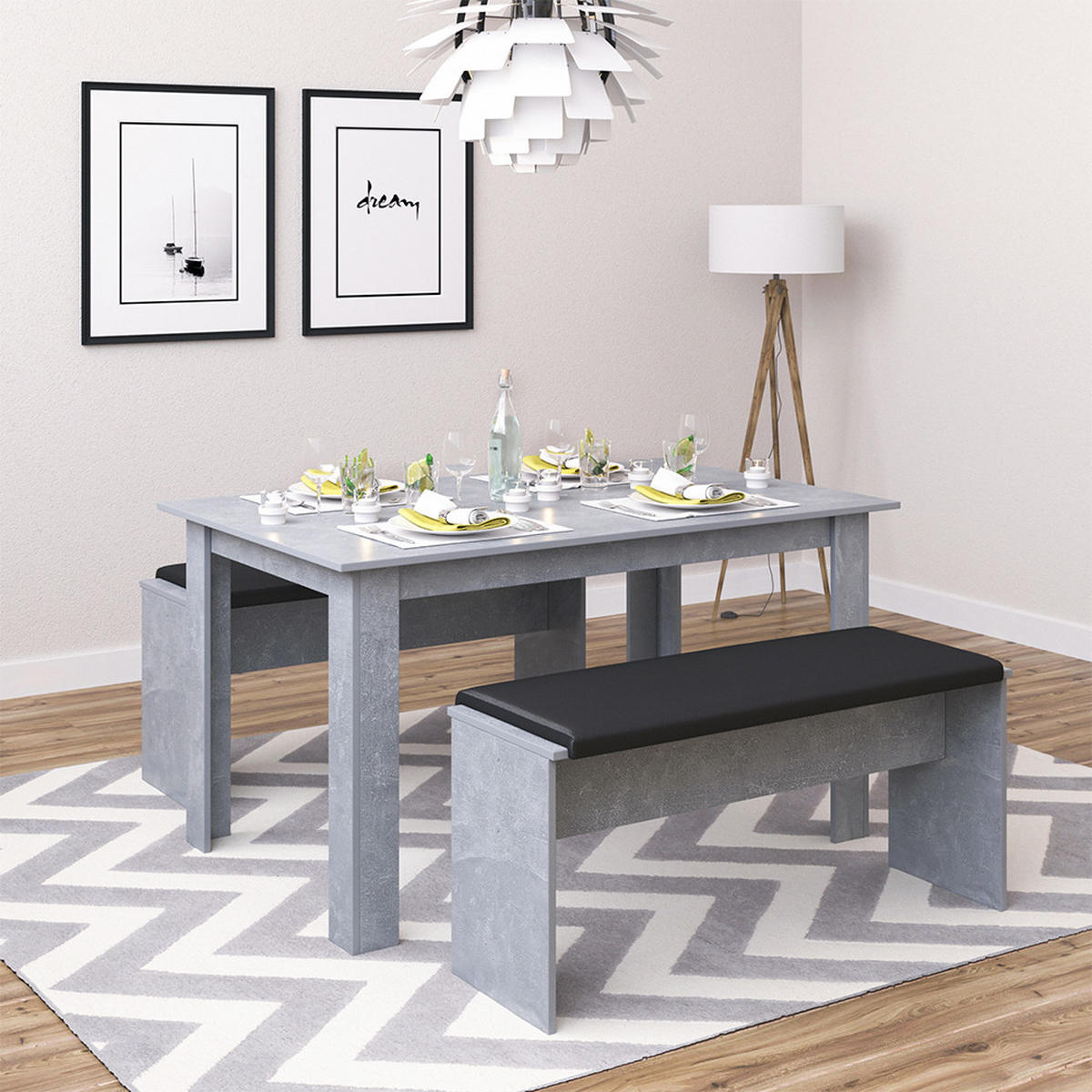 ESSTISCH SET Sentio Beton 90 x 140 cm mit 2 Bänken - Grau, Holzwerkstoff (140/76/90cm) - Vicco