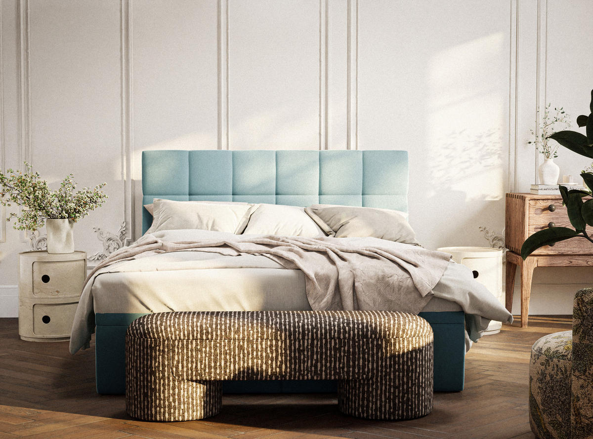 BOXBETT 180/200 cm Gotu M, in Türkis, Matratze, gepolstertes Kopfteil, Bettkasten, H3 = fest - Türkis/Schwarz, Holz/Holzwerkstoff (180/200cm) - Maison de Reve
