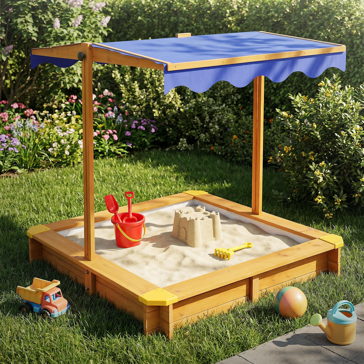 SANDKASTEN MIT DACH 118x118 cm Natur aus Massivholz - Naturfarben, Holz (118/118/119cm) - ML-DESIGN