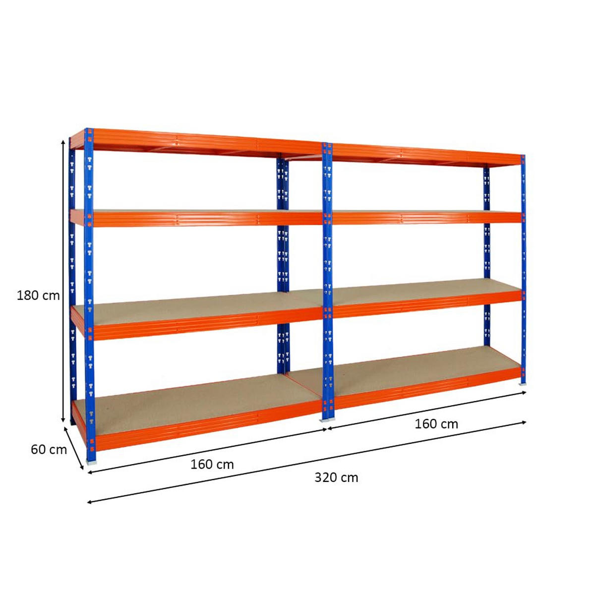 SCHWERLASTREGAL Rhino 2er-Set mit 2x 180x160x60 cm 4 Spanplatten-Ebenen 8mm Fachlast 500 kg Blau-Orange - Orange, Metall (320/180/60cm) - PROREGAL