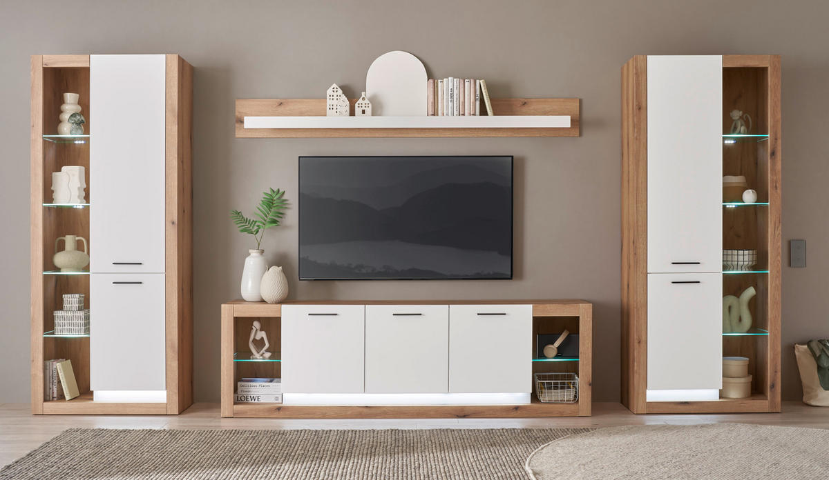 WOHNWAND weiß matt, Evoke Eiche, Wohnkombination Set 4-teilig 398 cm - Eichefarben/Silberfarben, Glas/Holzwerkstoff (398/195/43cm) - Furn.Design