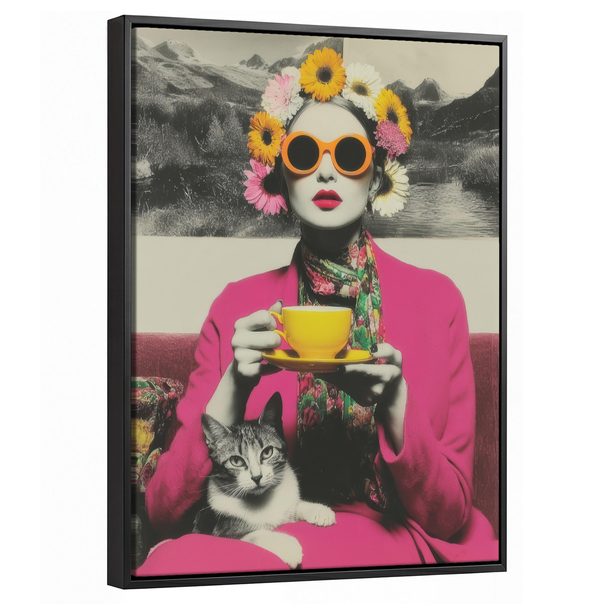 LEINWAND Bilder mit Rahmen - Frau - Katze - Blumen - Tasse - Retro - 30x40 - Magenta, Textil (30/40cm) - MuchoWow