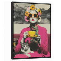 LEINWAND Bilder mit Rahmen - Frau - Katze - Blumen - Tasse - Retro - 30x40 - Magenta, Textil (30/40cm) - MuchoWow