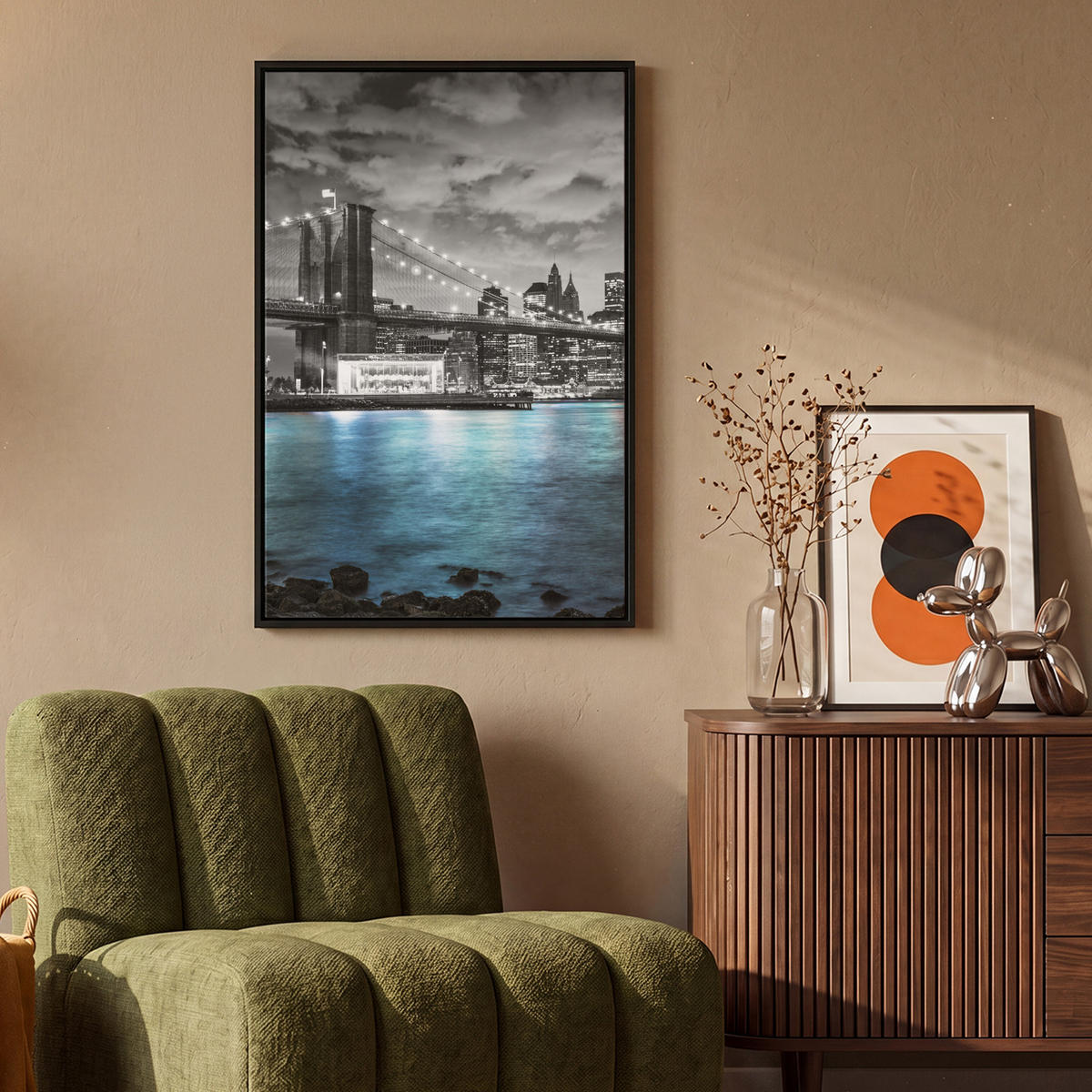 LEINWAND Bilder mit Rahmen - New York - Skyline - Stadt - Blau - 60x90 - Blaugrau, Textil (60/90cm) - MuchoWow