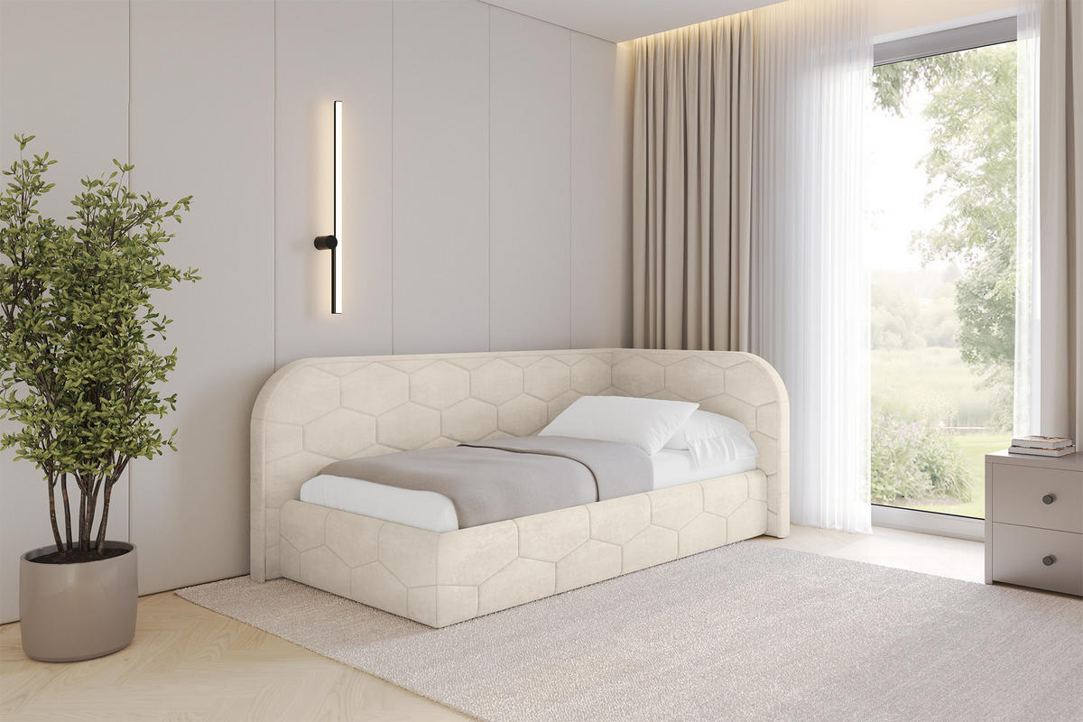 EINZELLBETT Jugendbett mit Bettkasten und Matratze H3/H4, Links - JAXY 90x200 Beige - Beige, Holzwerkstoff/Textil (90/200cm) - ALTDECOR