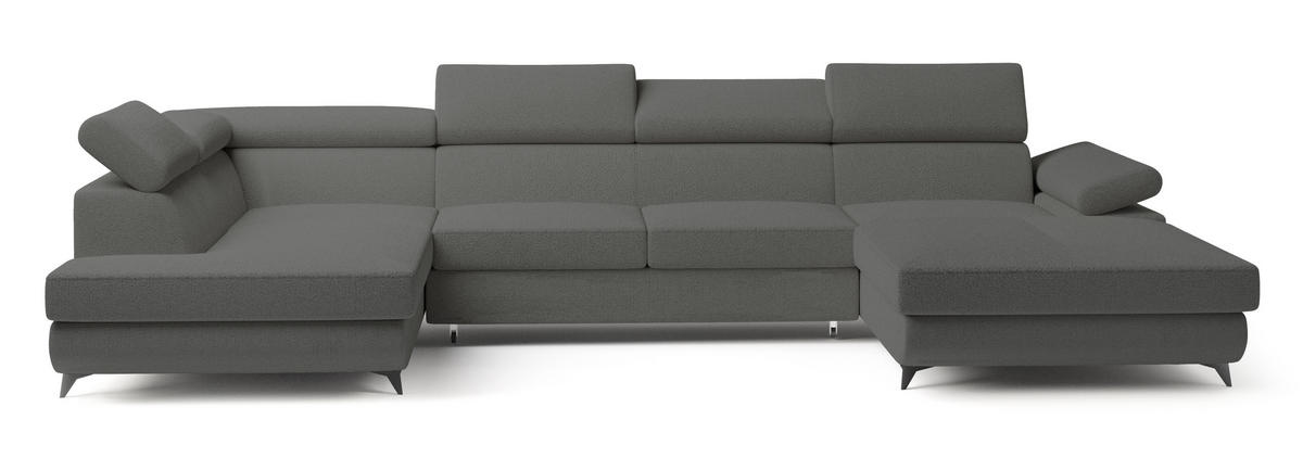 WOHNLANDSCHAFT RUBANO L-S Grau Boucle-Stoff mit Schlaffunktion - Grau, Holz (339/89/190cm) - MASSENO