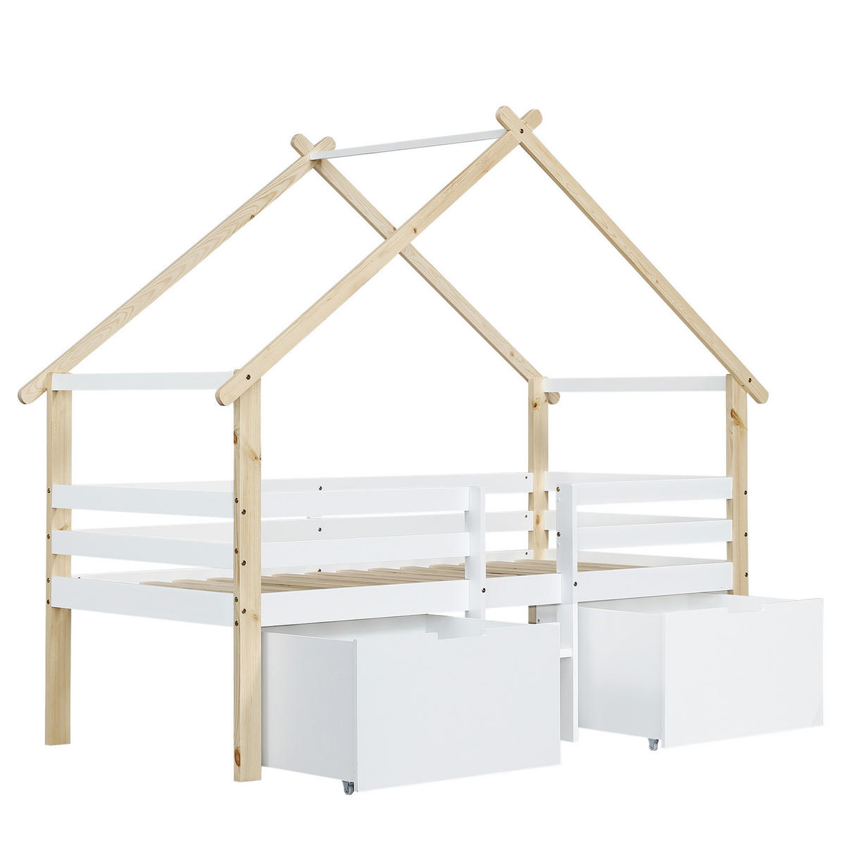 KINDERBETT 90/200 cm mit Hausdach, Treppe, 2 Schließfächern und Rundum-Absturzsicherung, Weiß/Natur - Weiß, Holzwerkstoff (90/200cm) - Redom
