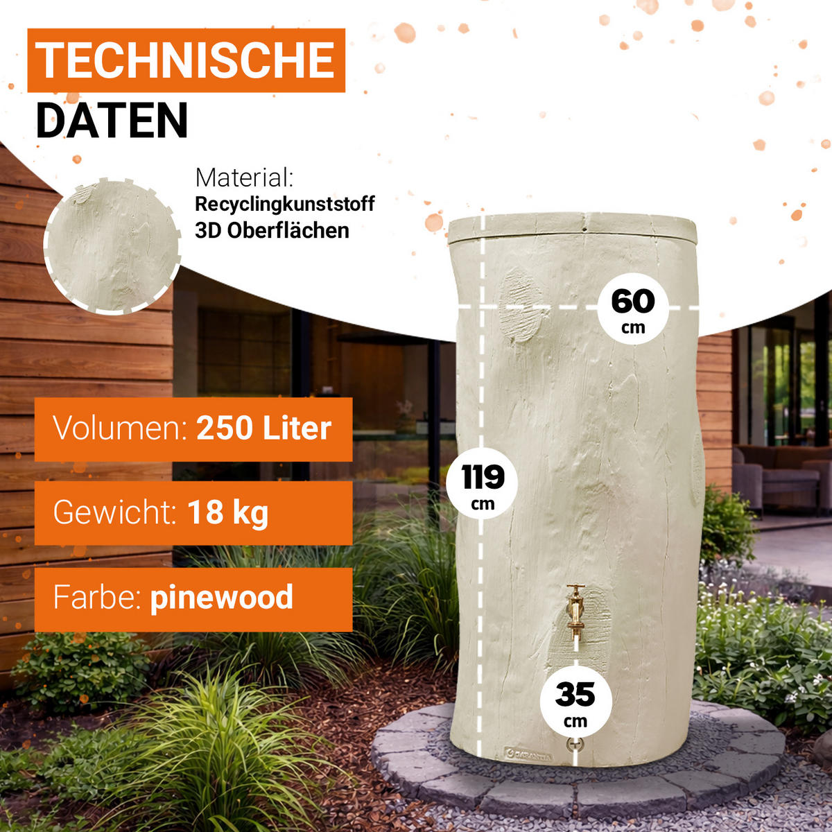 STOCK Regentonne 250 L, pine - Pinienfarben, Kunststoff (60/119/60cm) - GARANTIA