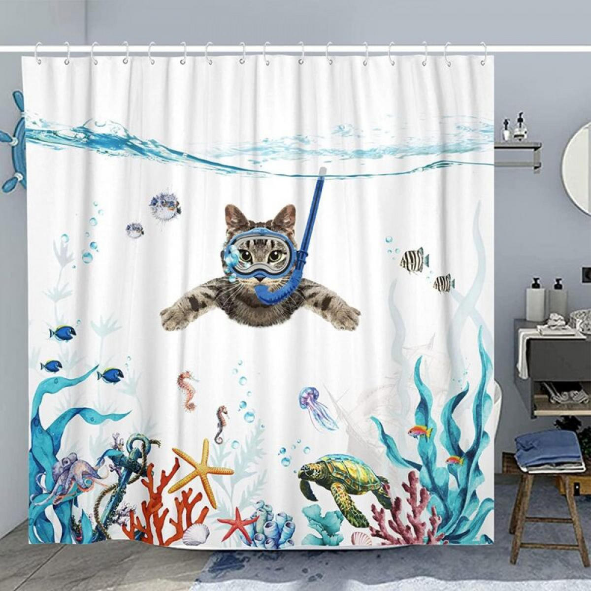 DUSCHVORHANG Katze Ozean bedruckt Polyester waschbar wasserdicht - Weiß, Textil (180/180cm) - MCBOSON