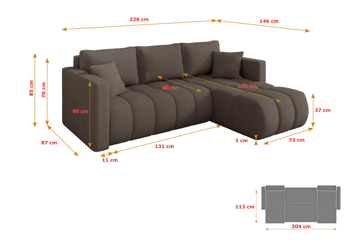 ROHOVÁ SEDAČKA s funkcí spaní, otoman vpravo GARD-L 226x146x85 hnědá bouclé - černá/hnědá, kompozitní dřevo/textil (226/146cm) - ALTDECOR