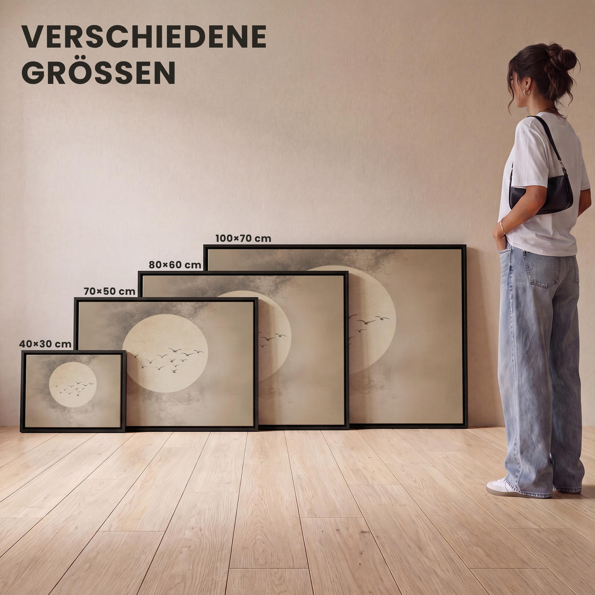 LEINWAND Bilder mit Rahmen - Vogel - Beige - Japanisch - 80x60 - Taupe, Textil (80/60cm) - MuchoWow