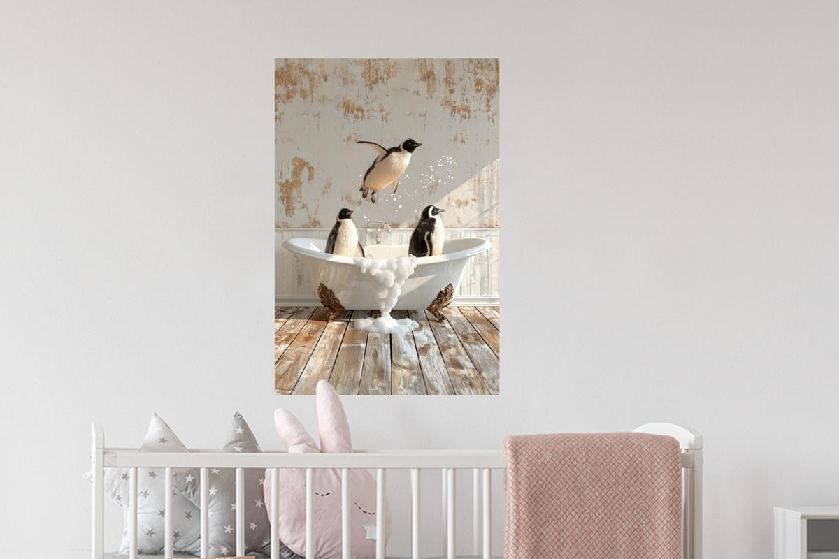 WANDTATTOO Vintage - Pinguin - Badewanne - Schaumstoff 40x60 cm - Schwarz, Kunststoff (40/60/0.1cm) - MuchoWow