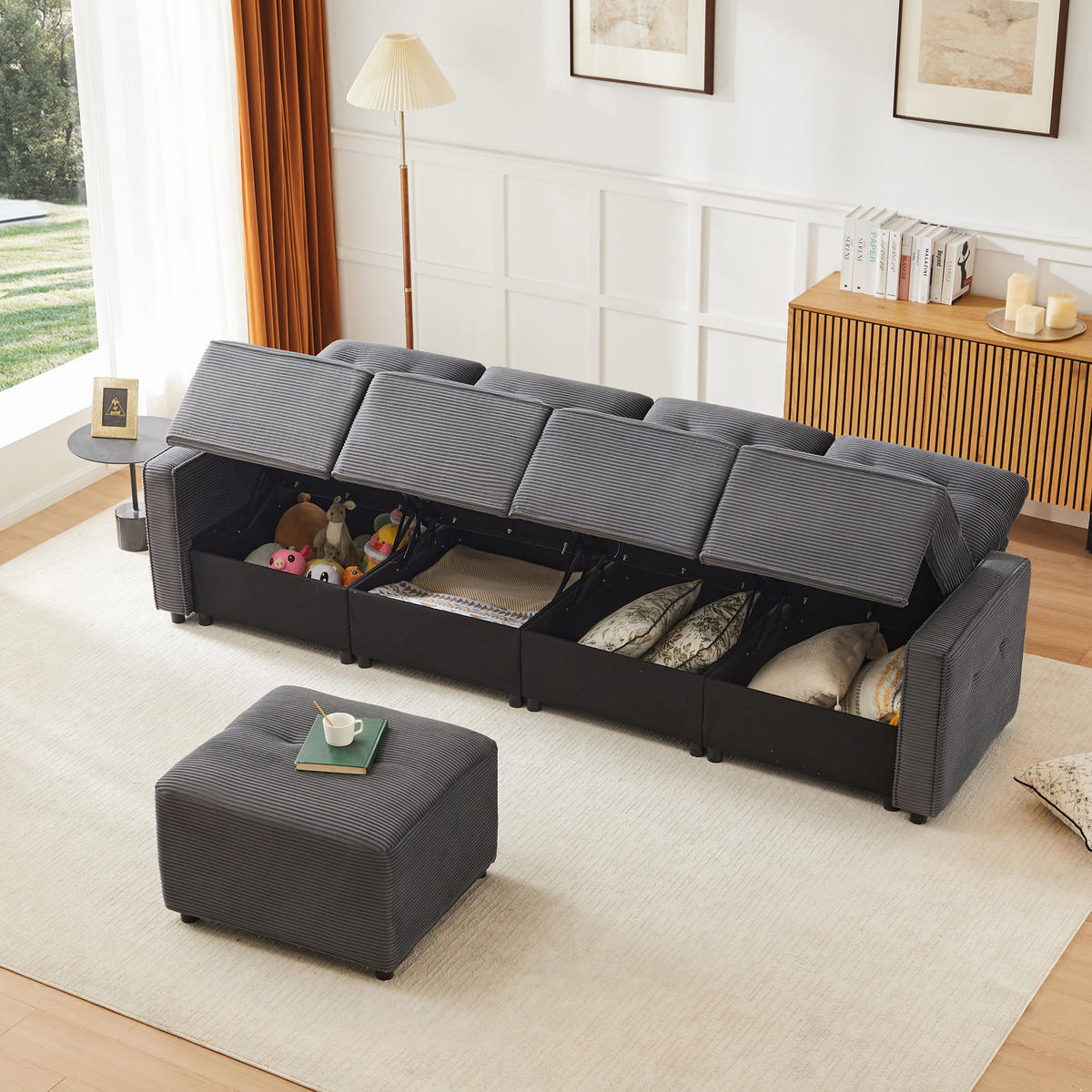 SOFA, 4-Sitzer, Stauraum, Hocker, Grau, 280x146x85cm - Grau, Textil (146/280cm) - FLIEKS