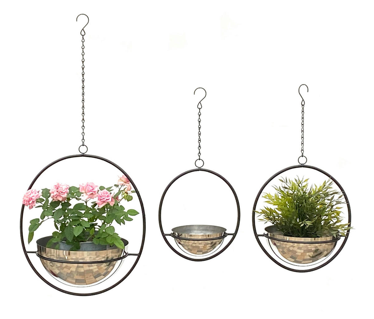 BLUMENAMPEL 3er Set Metall Wand mit Topf Silber - Schwarz, Metall (15/7.5/15cm) - DanDiBo
