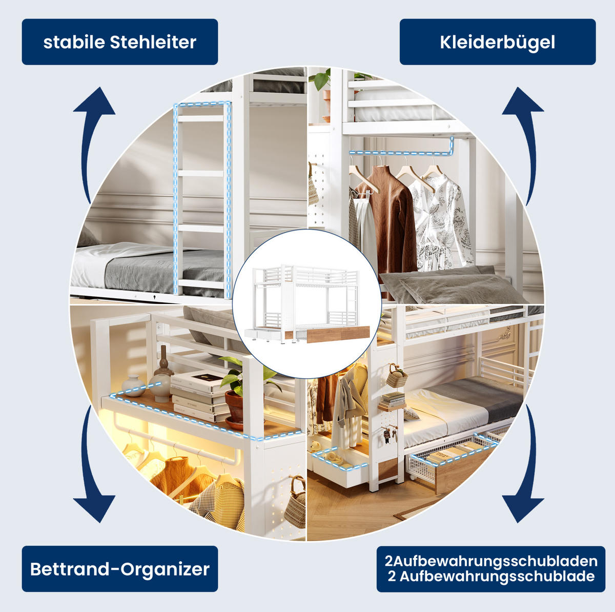 ETAGENBETT aus Metall und MDF 90x200 cm Weiß mit 4 Schubladen, LED-Beleuchtung und Kleiderhakenbereich - Weiß, Holzwerkstoff (90/200cm) - Modfu
