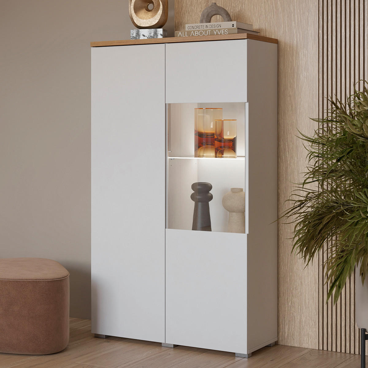 VITRÍNA Liko Bílá a dřevo - bílá, kompozitní dřevo (80/140/34.5cm) - Petits-meubles