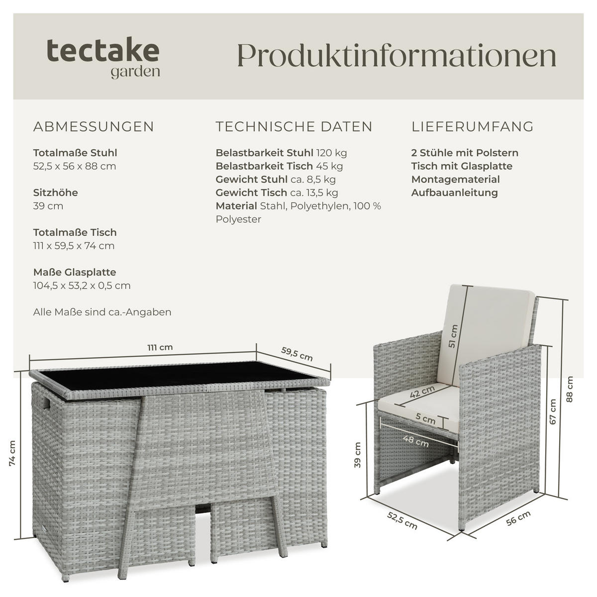 RATTAN SITZGRUPPE Lausanne,zusammenschiebbar,hellgrau - Hellgrau, Kunststoff - tectake
