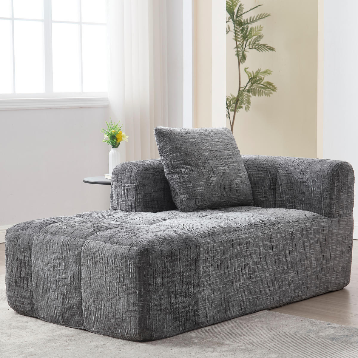 RÉCAMIERE Chenille Grau mit Kissen und Seitentaschen - Grau, Textil (158/60/90cm) - WISHDOR