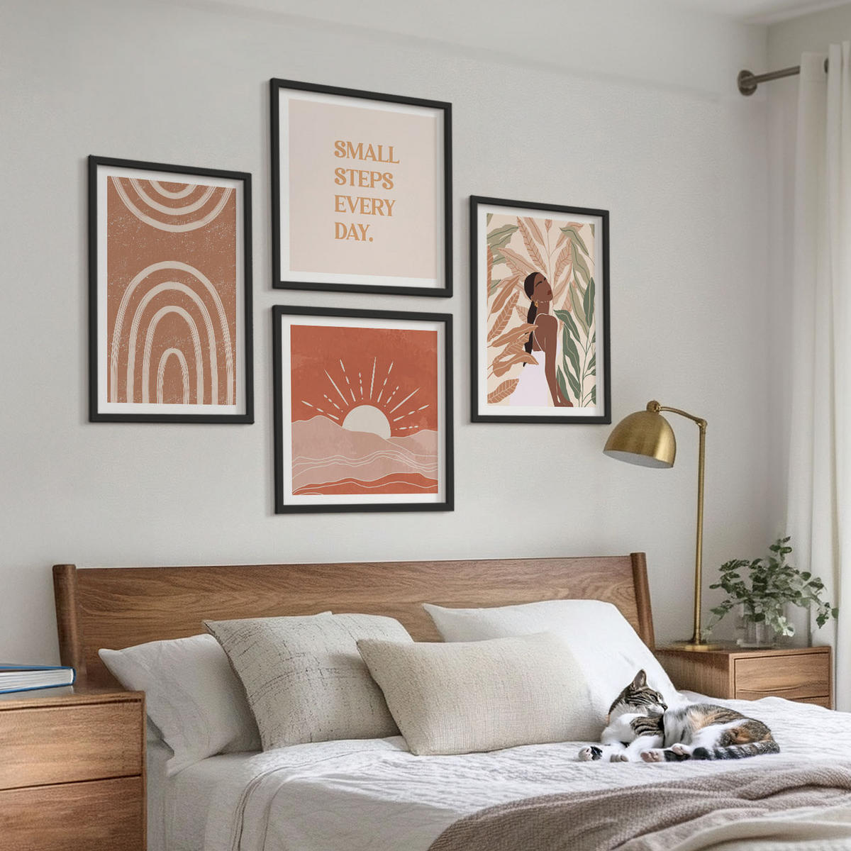 WANDBILDER 4er-Set - 50x50 cm & 40x60 cm Schwarzer Rahmen - abstrakte Formen im Boho-Stil - Schwarz, Kunststoff (50/50cm) - ArtPrintCave