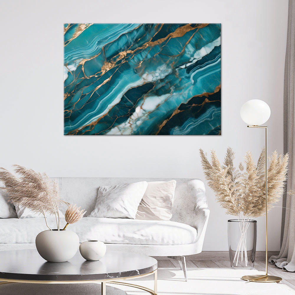 LEINWANDBILD Türkisfarbener Marmor mit goldener Textur 120x80cm - Türkis, Textil (120/80cm) - Feeby