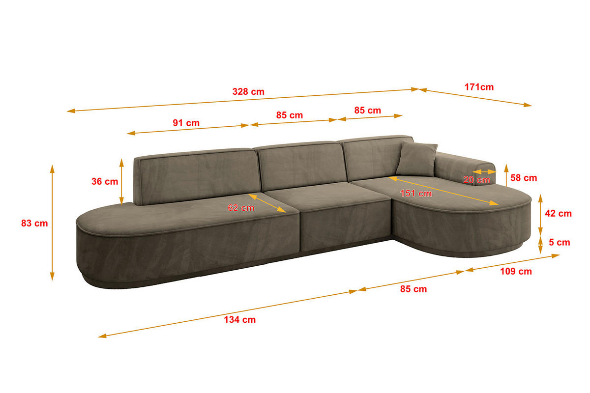 ECKSOFA Ottomane Rechts MARI-L2-v3 - 328x171x83 cm Dunkelbraun Velours - Dunkelbraun/Schwarz, Holzwerkstoff/Kunststoff (171/328cm) - ALTDECOR