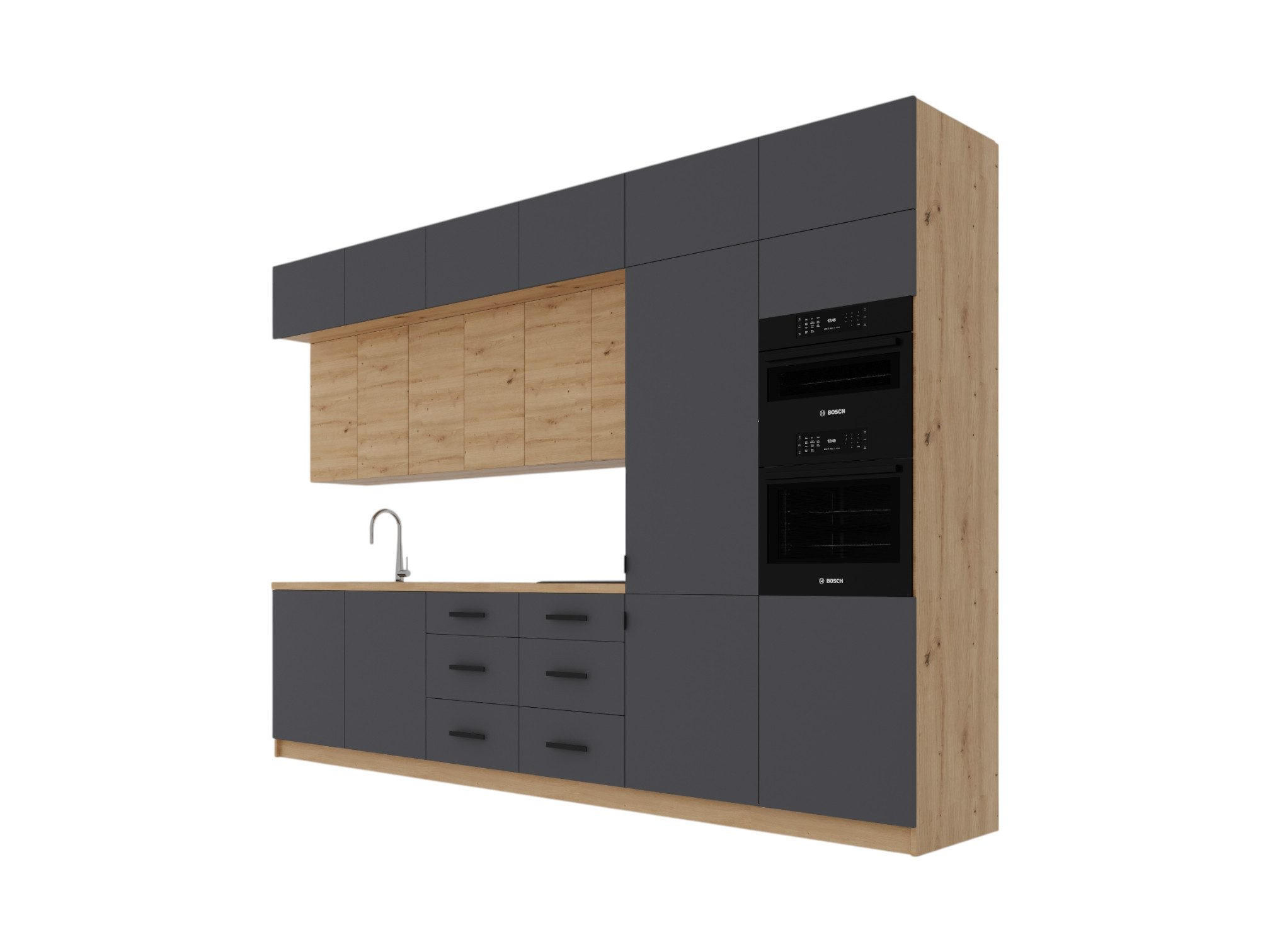 KÜCHENZEILE 360 cm - Nexa K50-G360 - in Grau & Woodline / Matt - Schwarz/Eiche Artisan, Holz/Metall (360/212/582cm) - ROYAL24_MARKT
