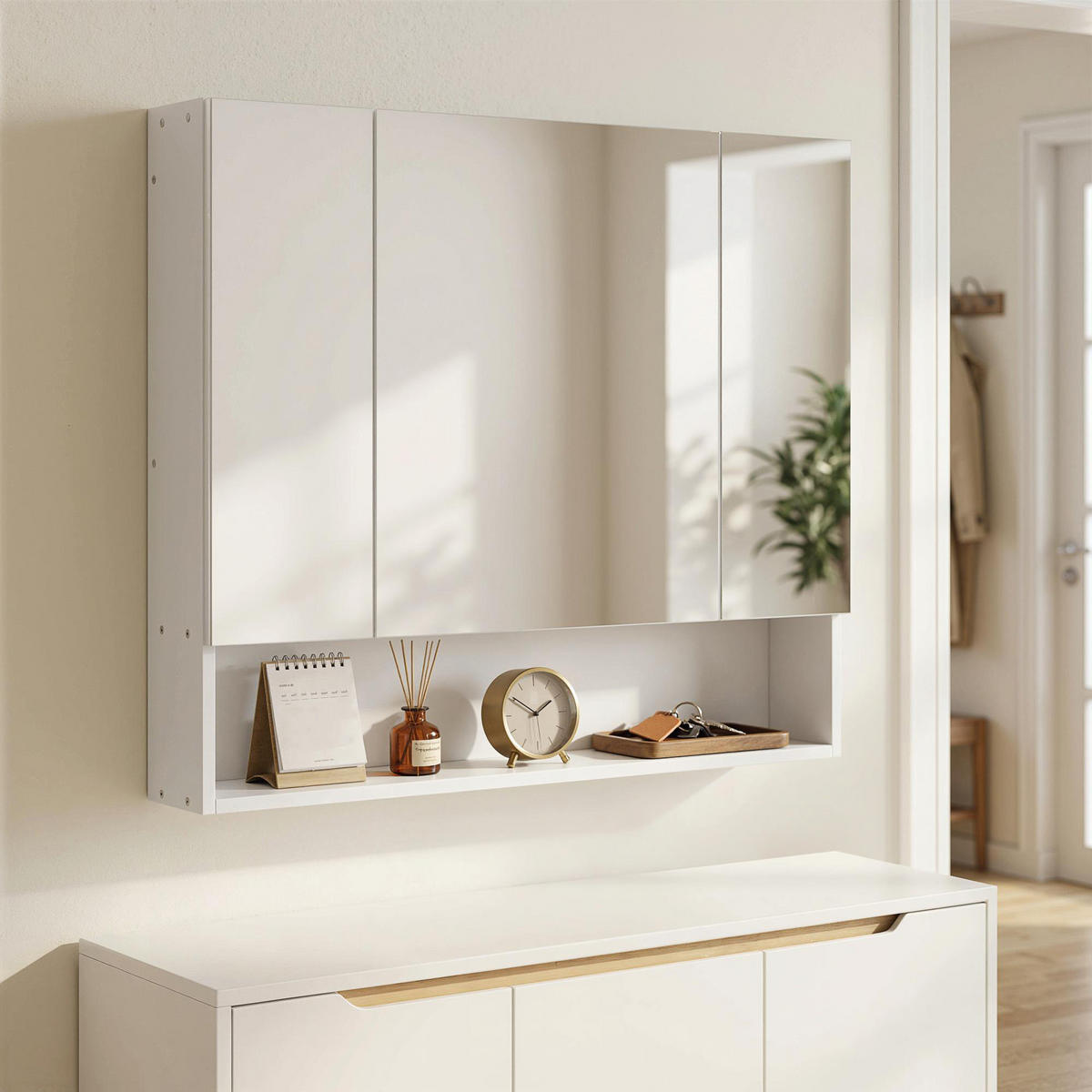 SPIEGELSCHRANK DE-15185 3 Türen mit verstellbaren Böden und offenem Fach Weiß - Weiß, Holzwerkstoff (90/75/15cm) - ComfortXL