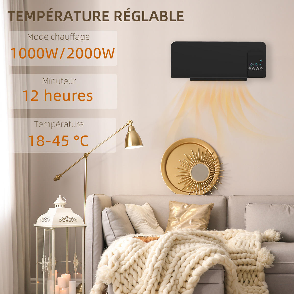WANDHEIZLÜFTER DE-17073 PTC 1000/2000 W Schwarz - Schwarz, Kunststoff (12/21.5/54.5cm) - ComfortXL