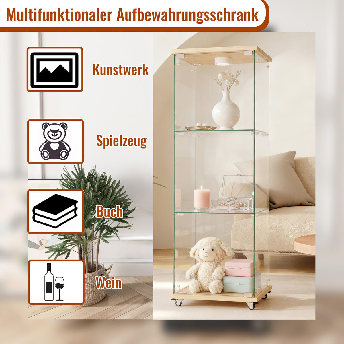 VITRINE 42,5/36,5/120 cm in Naturholzoptik mit LED-Beleuchtung und Glastür - Naturfarben, Holzwerkstoff (42.5/120/36.5cm) - Flora Grace