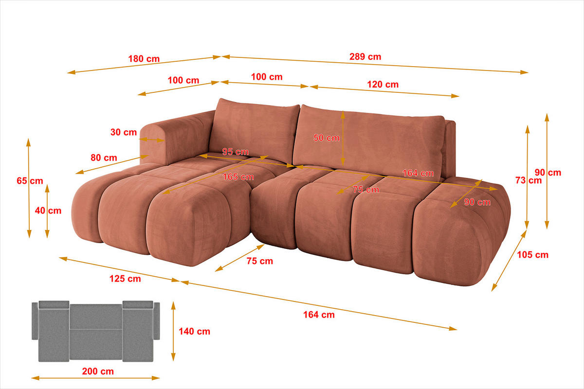 ECKSOFA Ottomane Links CLOUD-L 289x180x40 Apricot Velours - Koralle, Holzwerkstoff/Kunststoff (180/289cm) - ALTDECOR