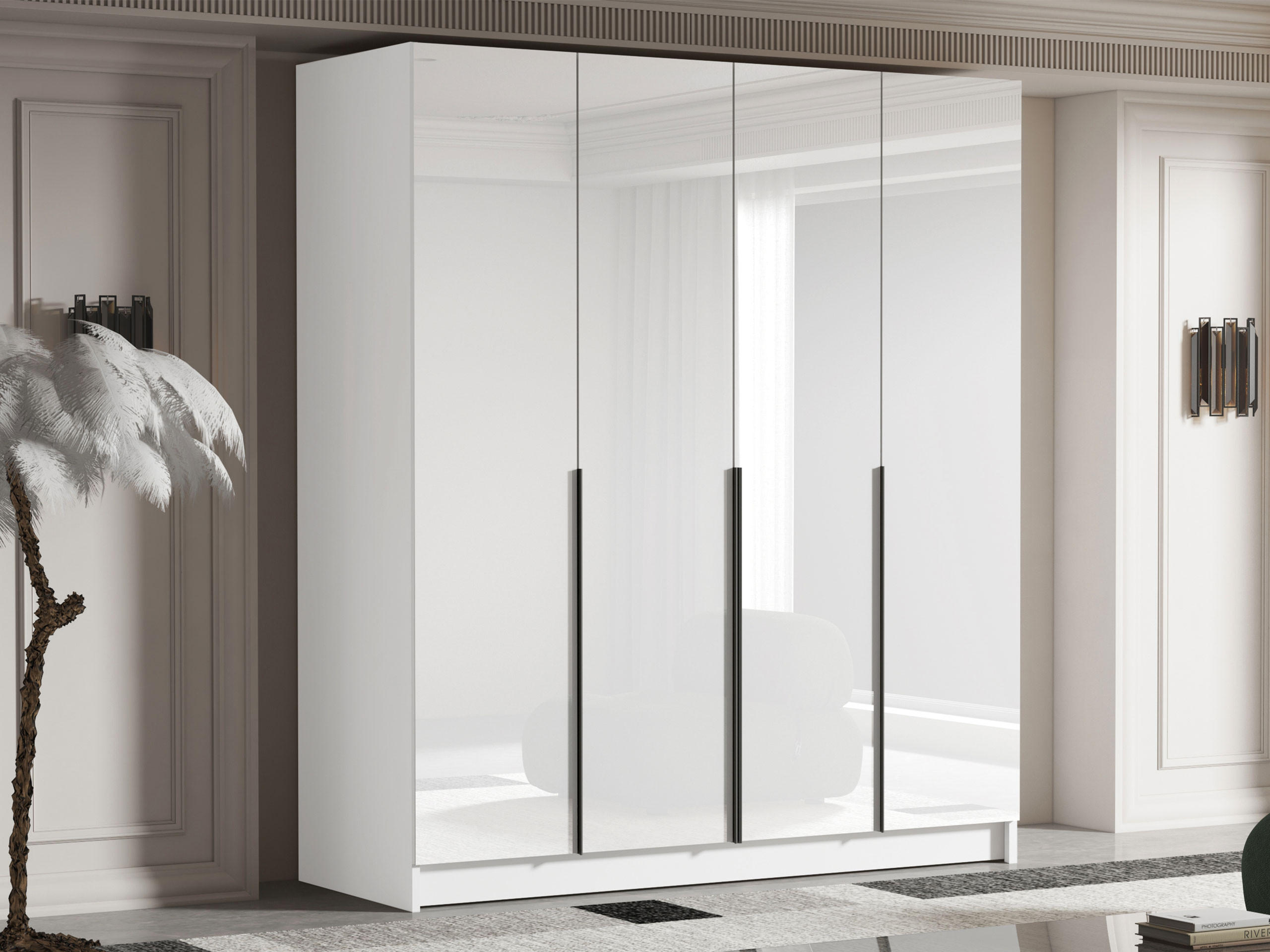 KLEIDERSCHRANK Santi I - Weiß Hochglanz/Schwarz, Holzwerkstoff/Metall (200/215/58cm) - MIRJAN24