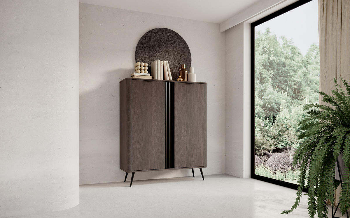 HIGHBOARD Terzo 2D Eiche Dunin mit Rillendekor - Schwarz Metallfüße - Eichefarben/Schwarz, Holz/Holzwerkstoff (113/134/38cm) - Ravio