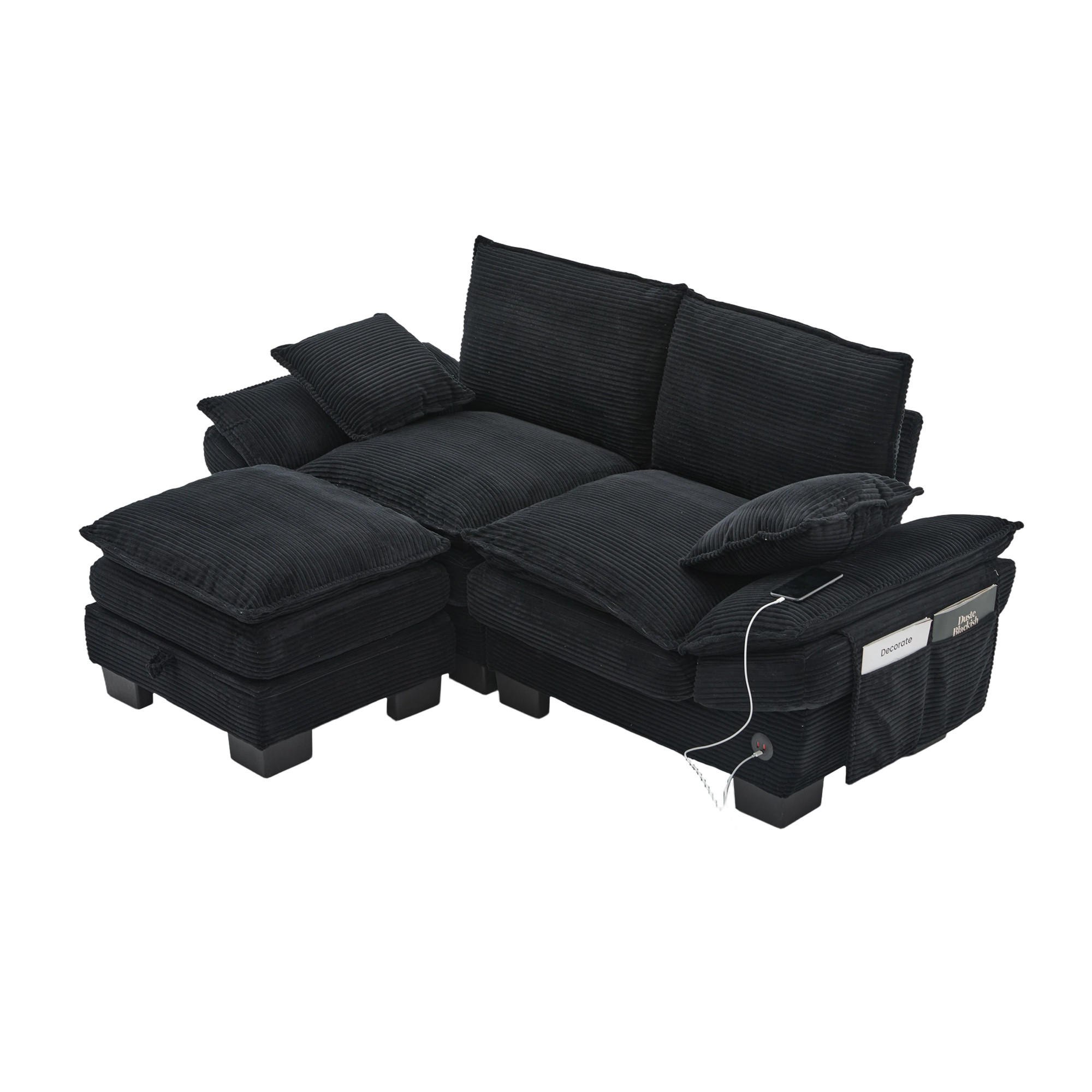 2-SITZER Sofa aus Corduroy 190x132x84 cm mit Hocker & USB-C, schwarz - Schwarz, Textil (132/84/190cm)