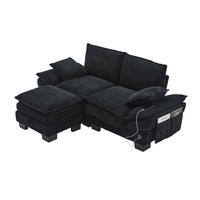 2-SITZER Sofa aus Corduroy 190x132x84 cm mit Hocker & USB-C, schwarz - Schwarz, Textil (132/84/190cm)
