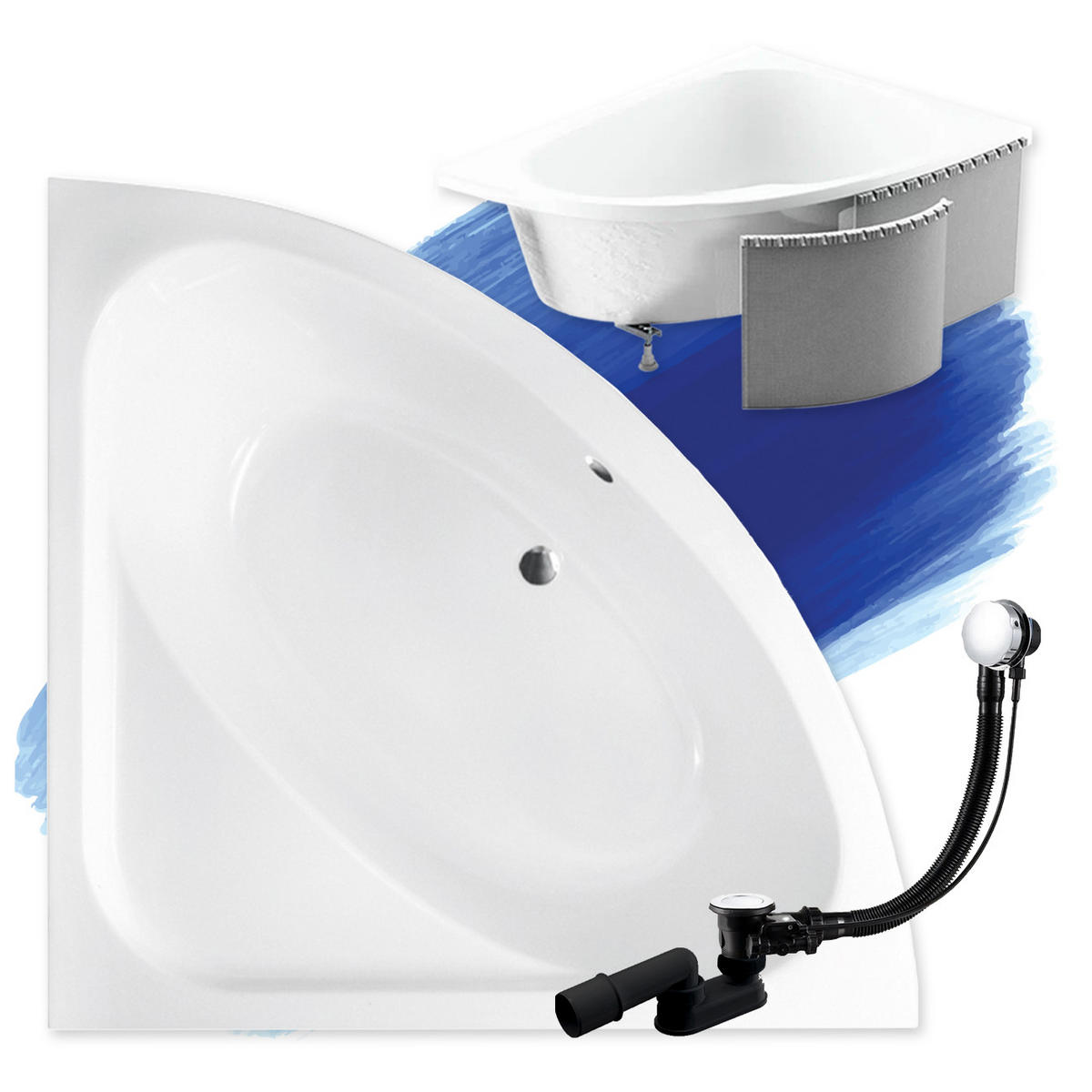 BADEWANNE Eckwanne LUKSJA 148/148 mit Styro Ablauf Füße - Weiß, Kunststoff (148/65.5/148cm) - bad land