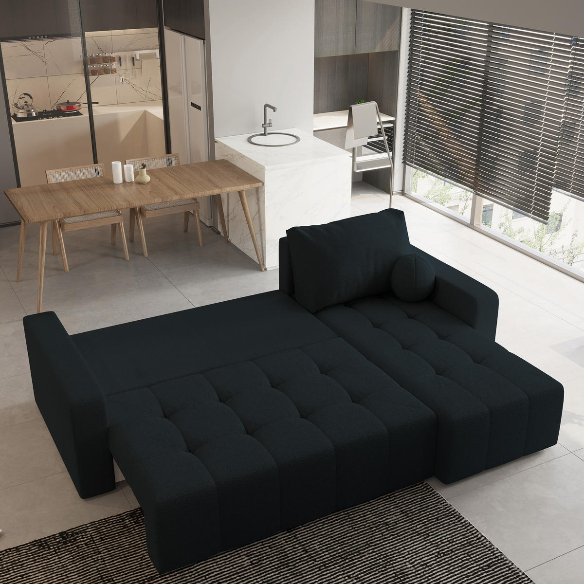 ECKSOFA VOLIRA Schwarz Boucle-Stoff mit Schlaffunktion - Schwarz, Holz (230/143cm) - MASSENO