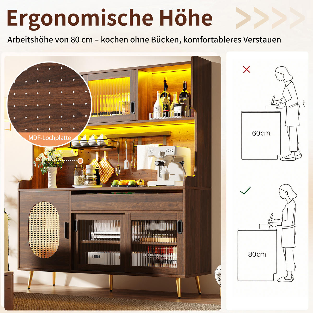 BUFFETSCHRANK aus MDF 145/39/171 cm mit LED-Beleuchtung und Lochwand, Braun - Braun, Holzwerkstoff (145/171/39cm) - Redom