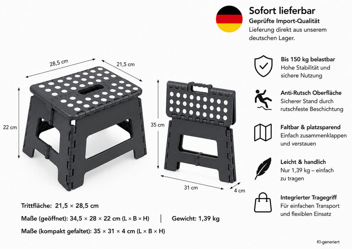 KLAPPHOCKER faltbar mit Anti-Rutsch Beschichtung, Tritthocker H 22 cm bis 150 KG belastbar, Dark Grey - Grau, Paraffin (21.5/22/28.5cm)