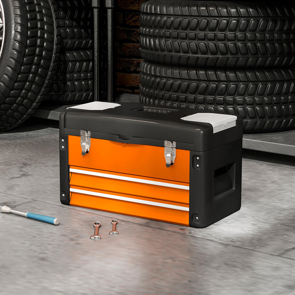 WERKZEUGKISTE leer, 49,7 x 25,3 x 28,9 cm Werkzeugkasten mit Schublade - Orange, Kunststoff (25.3/28.9/49.7cm) - HOMCOM