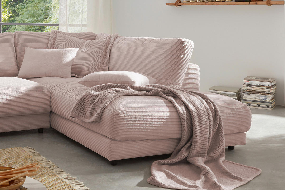ECKSOFA MADELINE Pink Cord - Pink/Schwarz, Kunststoff/Textil (325/224cm) - KAWOLA