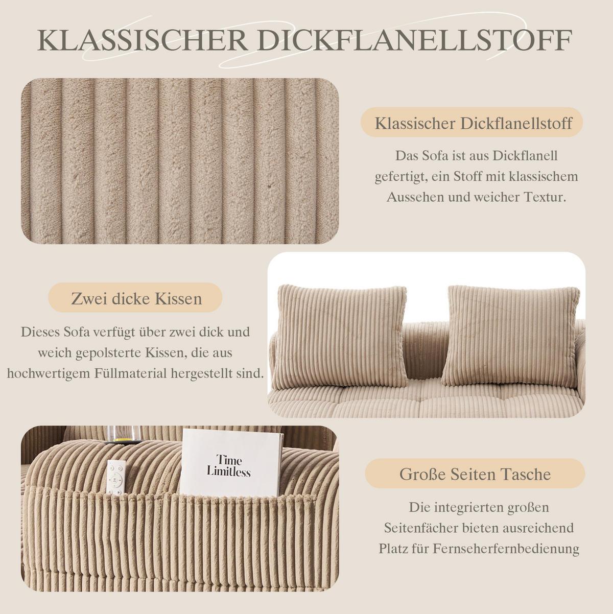 2-SITZER Sofa Cordstoff mit Seitenfächern und Becherhalter 158/93/61 cm Sandfarben - Sandfarben, Textil (93/61/158cm) - Redom