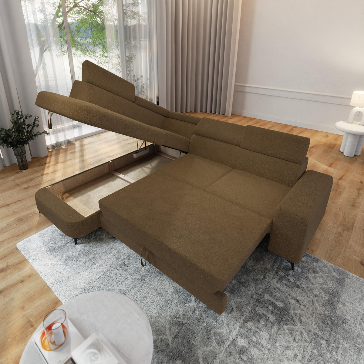 ECKSOFA ALVORO L-S Orange Boucle-Stoff mit Schlaffunktion - Orange, Holz (253/190cm) - MASSENO