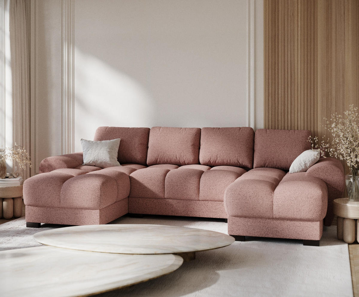 WOHNLANDSCHAFT Peebles Rosa Webstoff - Pink/Schwarz, Holz/Holzwerkstoff (330/90/175cm) - Maison de Reve